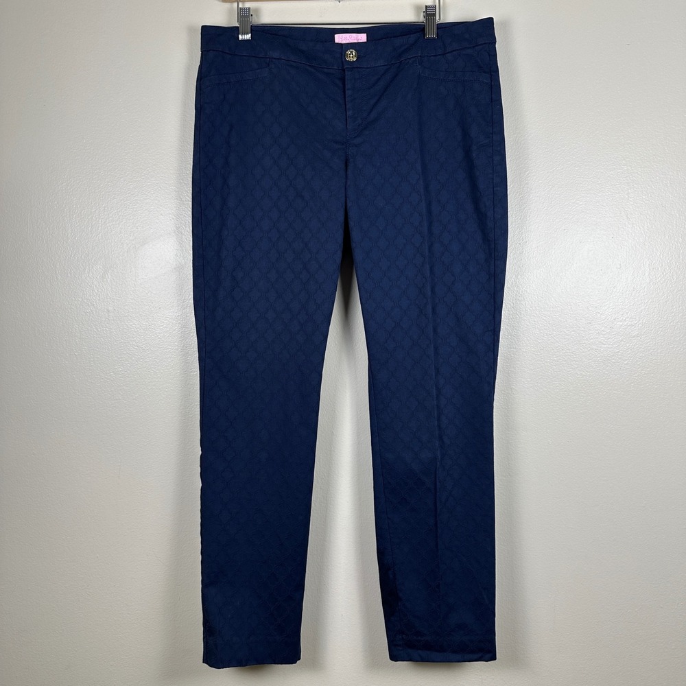 Lilly Pulitzer Womens 12 Straight Leg Pants Navy Blue Jacquard Textured Designer